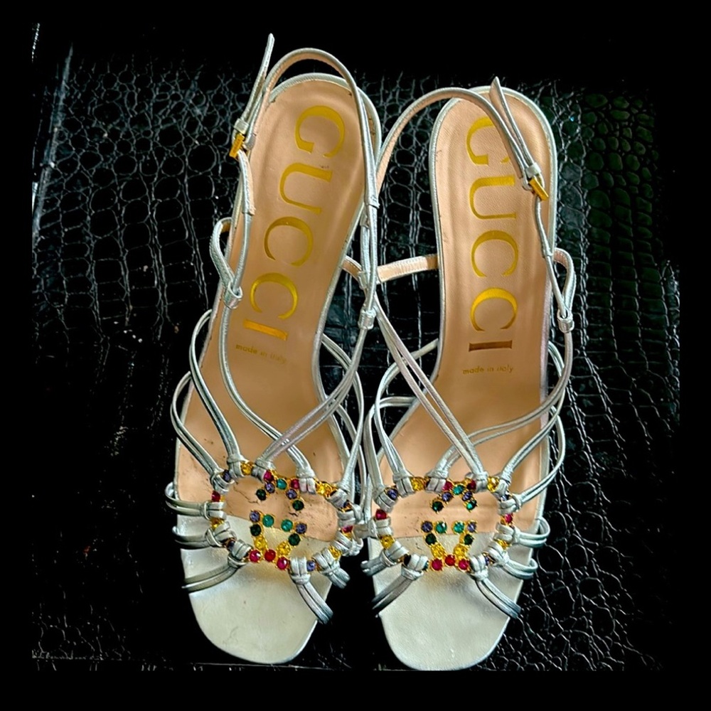 Gucci Silver Leather Sandal with Multi Colored Jeweled GG